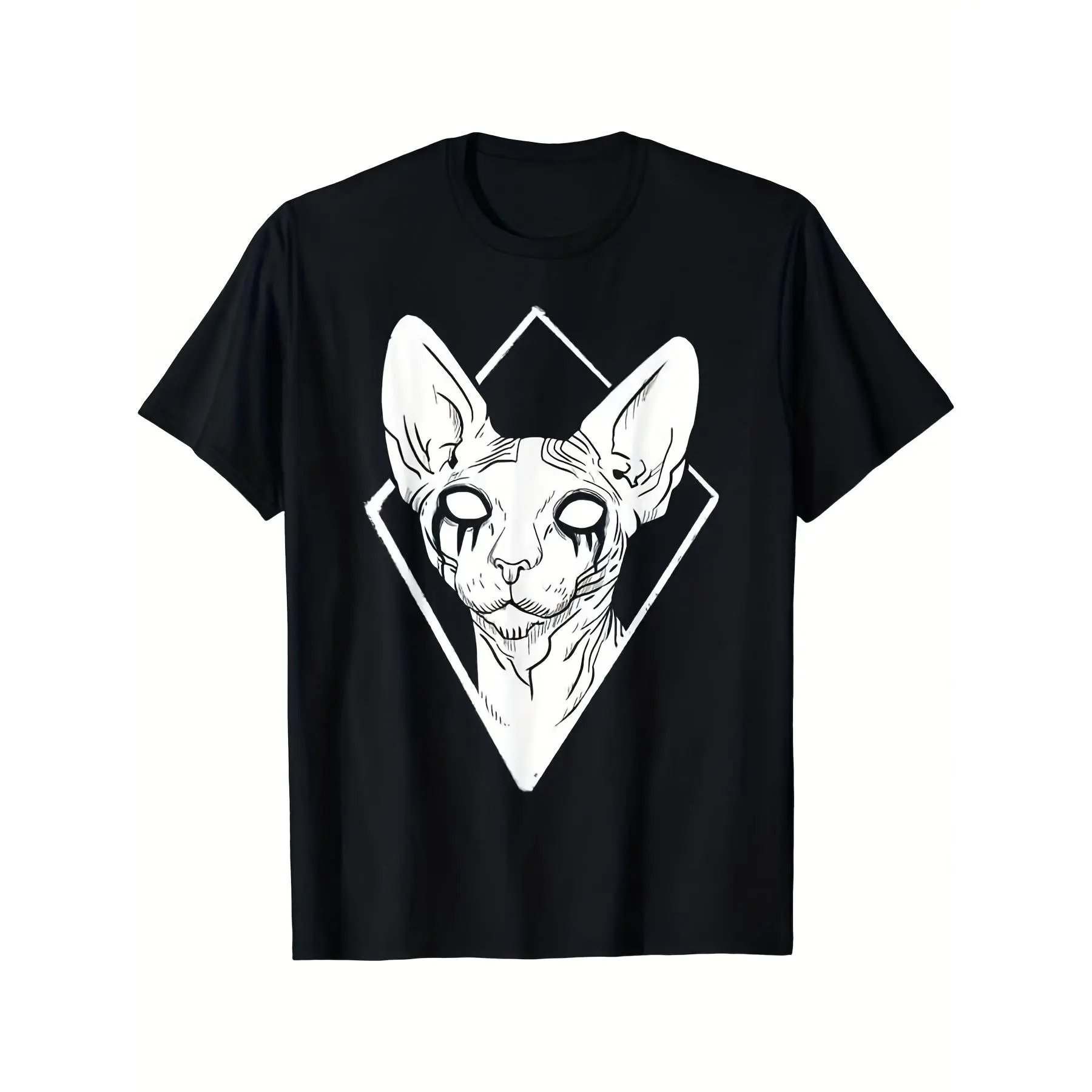 Gothic Sphynx Cat Graphic T‑Shirt, Black White Death Metal Sphynx Face Tee, Cool Goth Subculture Unisex Shirt, Retro Dark Aesthetic Casual Top, Halloween Christmas Gift For Men Women