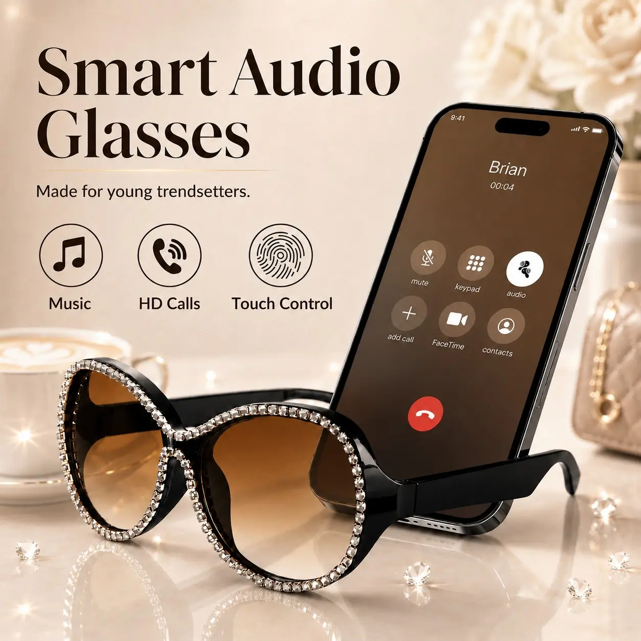 Rhinestone Bluetooth Audio Glasses for Women, Open-Ear Wireless Sunglasses with Built In Speakers, HD Calls, Music and UV Protection, Wearable Tech Glasses