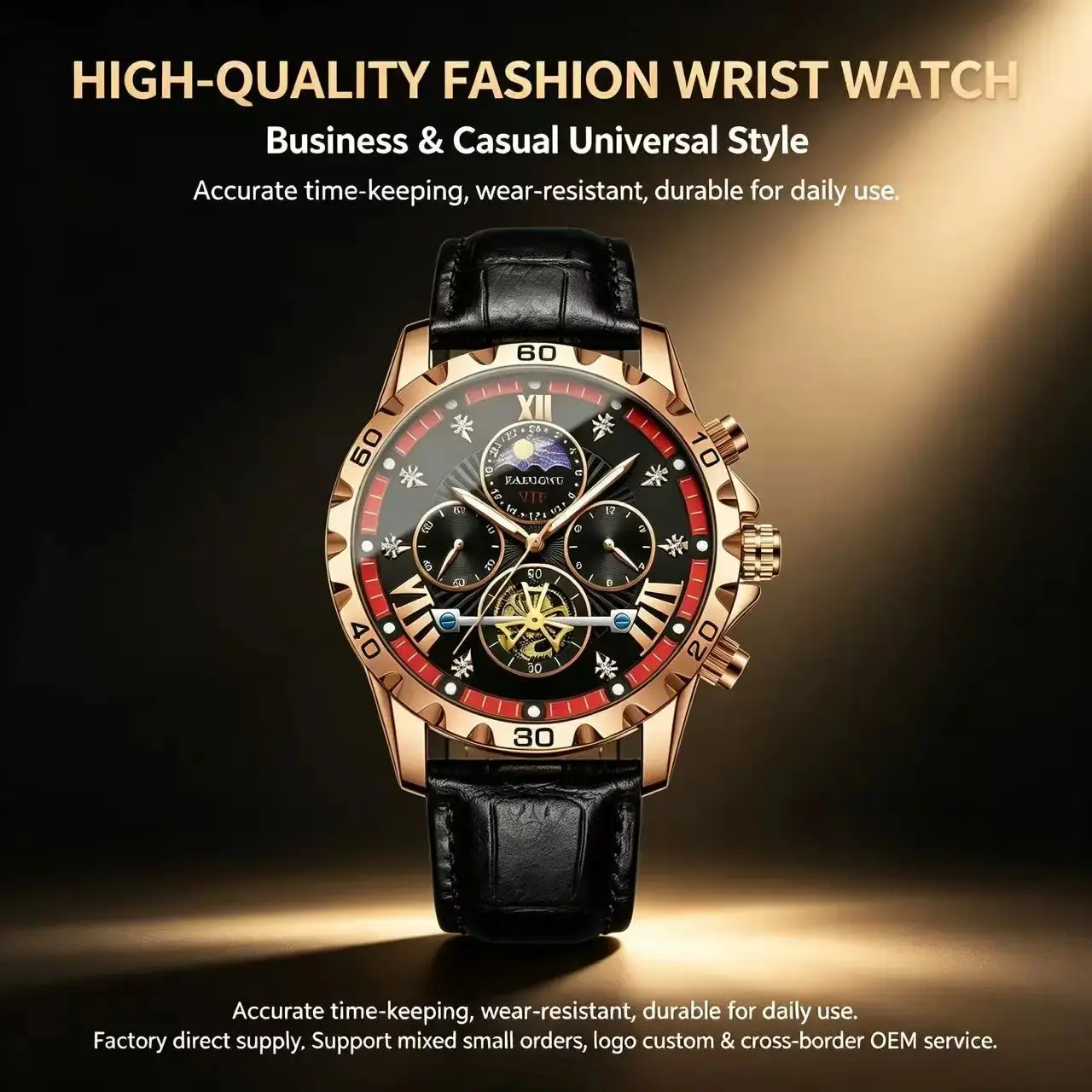 Luxury Men Chronograph Quartz Watch Moon Phase Leather Strap Business Wristwatch OEM Custom Logo Wholesale