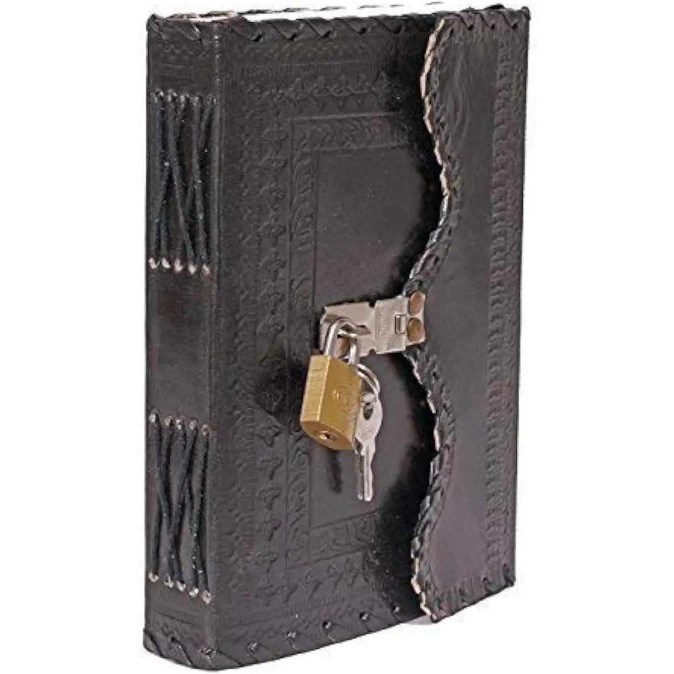 Rustic Leather Journal - Unlined Royal Black Leather Bound Notebook with Lock and Key for Business Executives, Ideal as Logbook, Photo Album, Cream-Accent Poem Writing or Memoir Record Keeper