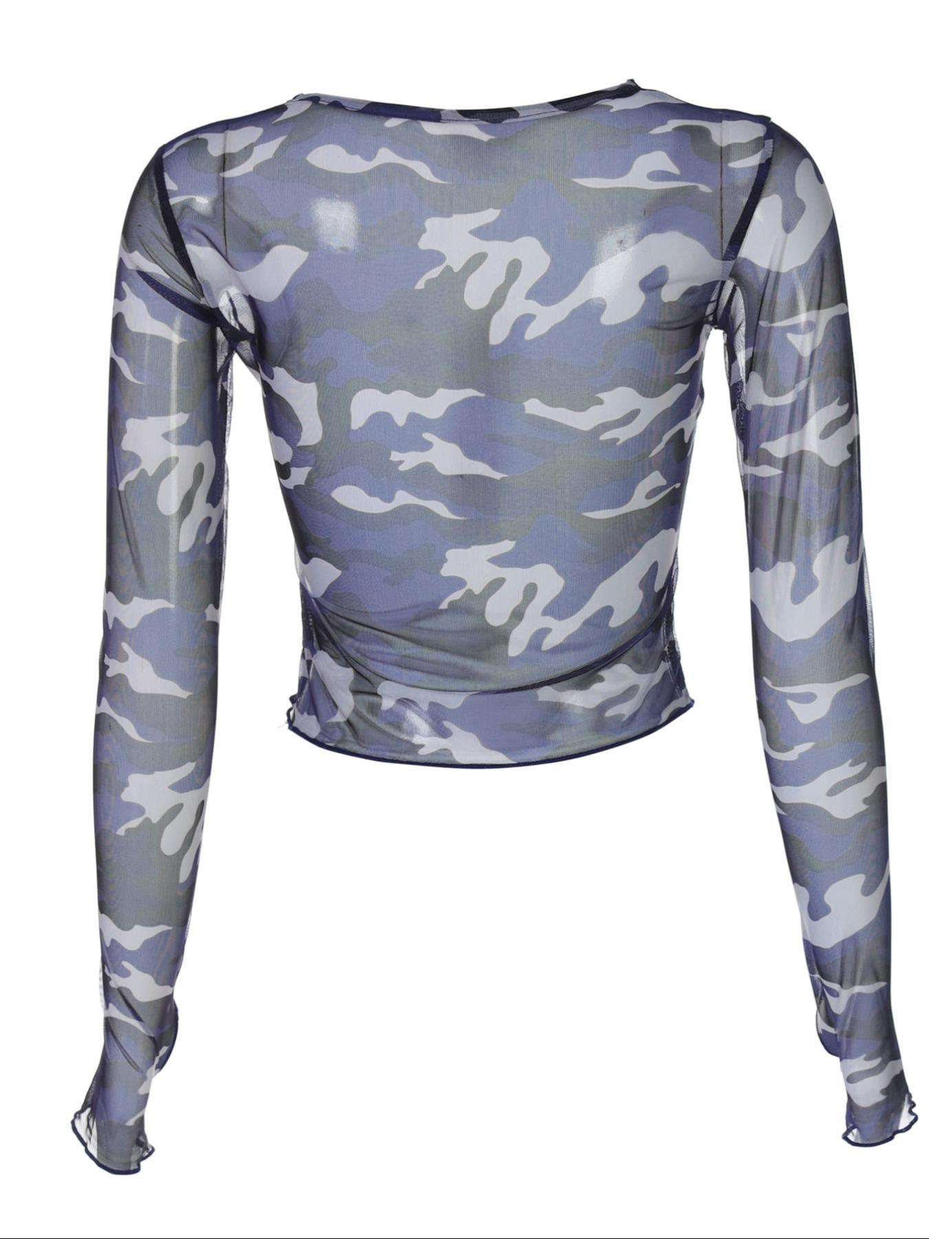 Women's Camo Graphic Print Round Neck Semi-sheer Tulle Crop Tee, Casual Long Sleeve Crew Neck T-shirt for Spring & Fall, Fashion Women's Top for Daily Wear