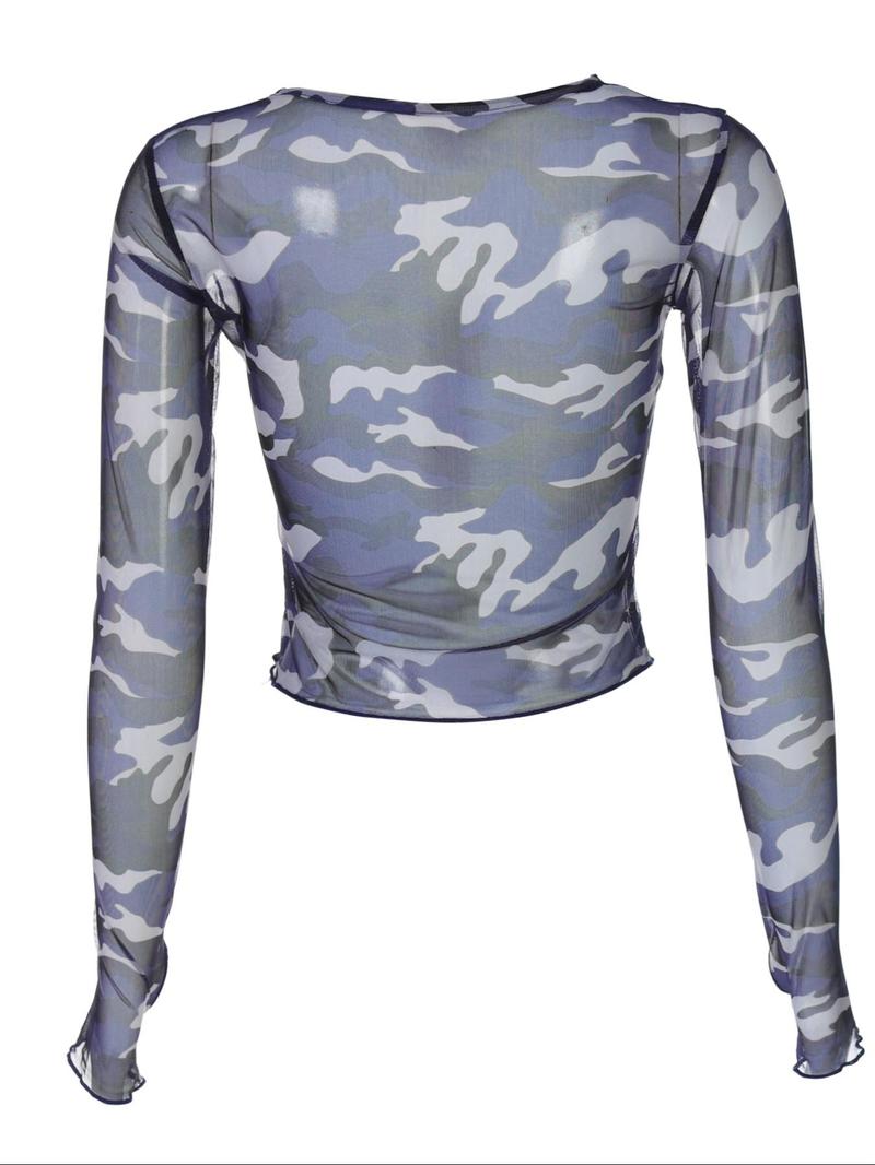 Women's Camo Graphic Print Round Neck Semi-sheer Tulle Crop Tee, Casual Long Sleeve Crew Neck T-shirt for Spring & Fall, Fashion Women's Top for Daily Wear