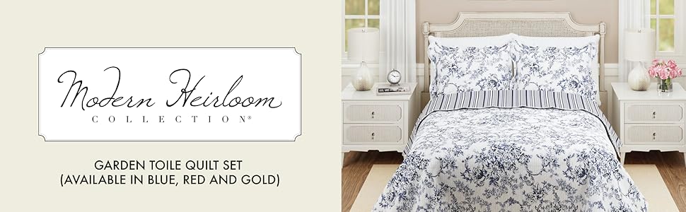 Toile 3-Piece Reversible Set - Lightweight Coverlet Set, Floral Vintage Quilted Bedding Set with 2 Shams, All, Full Queen Size, Blue |   Breathable, Reversible, Lightweight