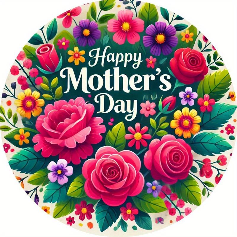 Vintage Mother's Day Wall Hanging - Round Floral Wreath Metal Sign with "Happy Mother's Day" Text, Pink Roses & Purple Daisies - Durable Iron Decor Suitable for Farmhouse, Porch, Bedroom - Perfect Gift for Mom, Year-Round Decorative
