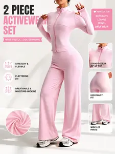 Women's Sportswear Set, Long Sleeve Top with Zipper, Wide Leg Pants, Comfortable and Stylish, Ideal for Training, Fashionable Workout