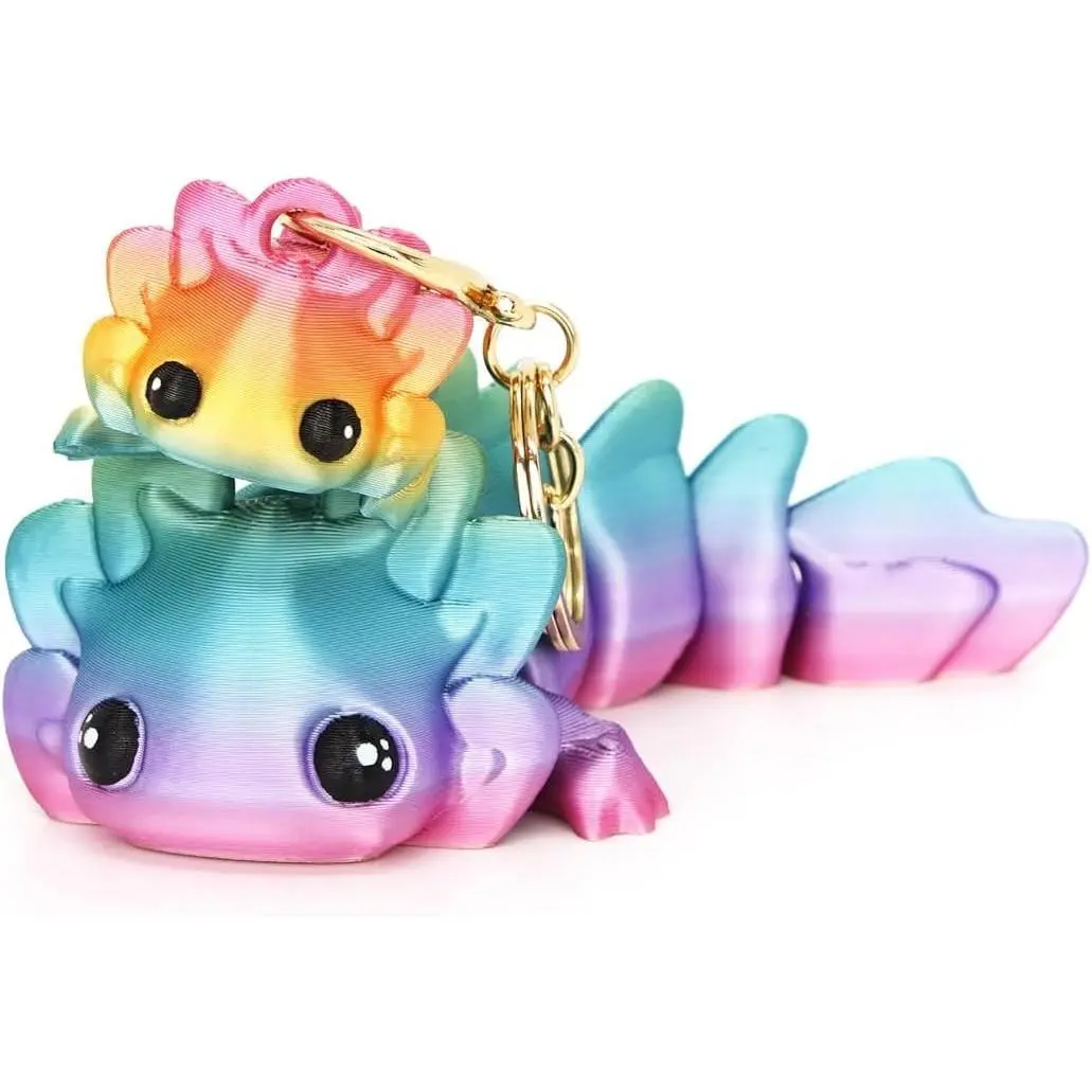 2 Pcs Rainbow 3D Printed Moveable Articulating Axolotl Tadpole Fidget Toy Set - Keychain, Flexible Collectible, Stress Relief Fun Gift