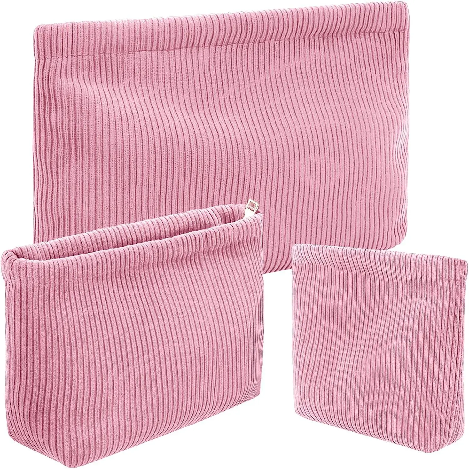 Makeup Bag Set, 3 Pack Compact Corduroy Pouches for Women, Standing Toiletry Organizer for Travel Makeup Organization in Peach, Synthetic, Chic, Compact Make-Up Bags, 6 X 6 X 2 Inches, Cold Wash, Compact Pouch