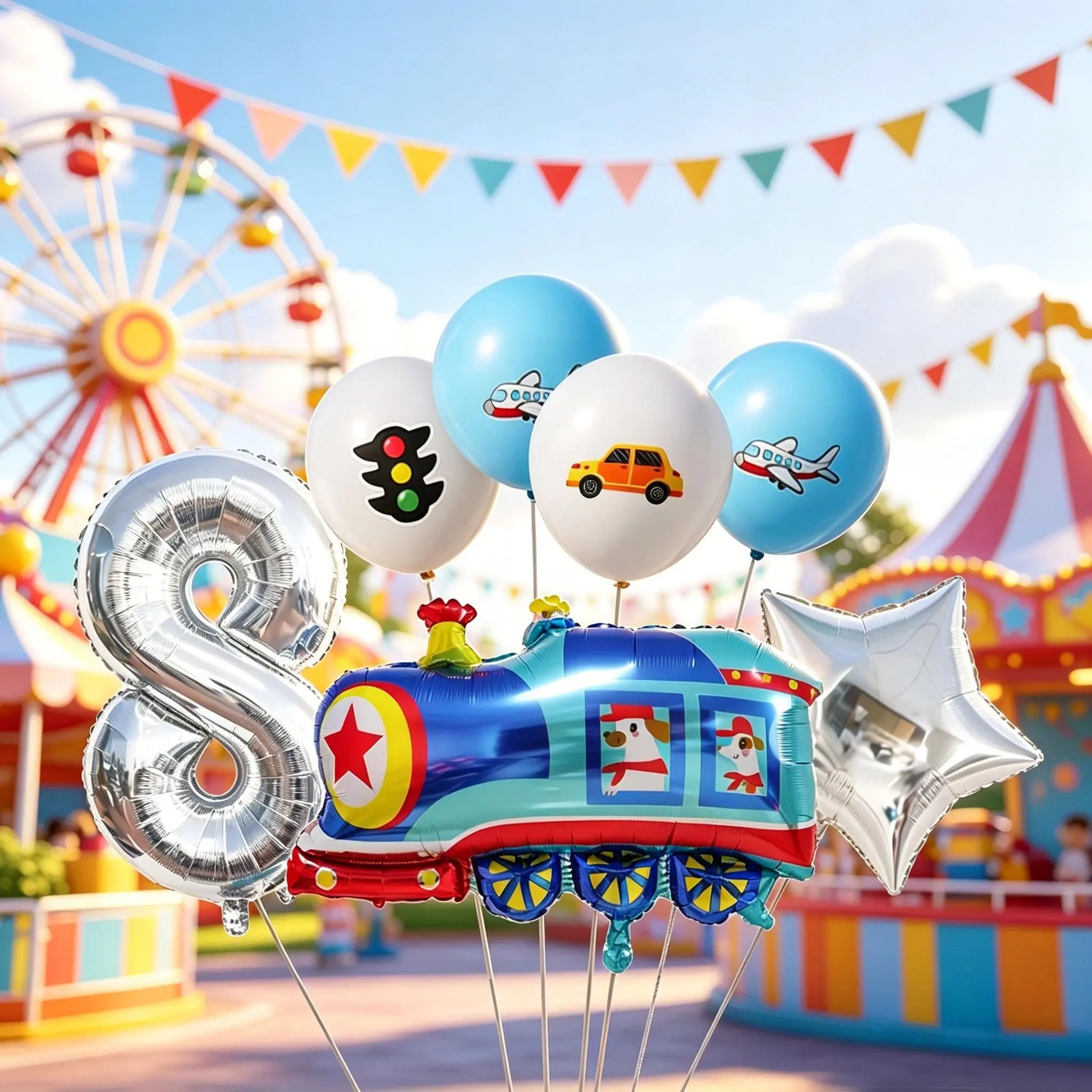 8-Piece Cartoon Train Theme Birthday Balloons, Silver Color Numbers, Stars, Cars, Planes, Kids Party Decor,Birthday surprise for children, children’s playground decoration, first-birthday party with a transportation theme, early childhood education
