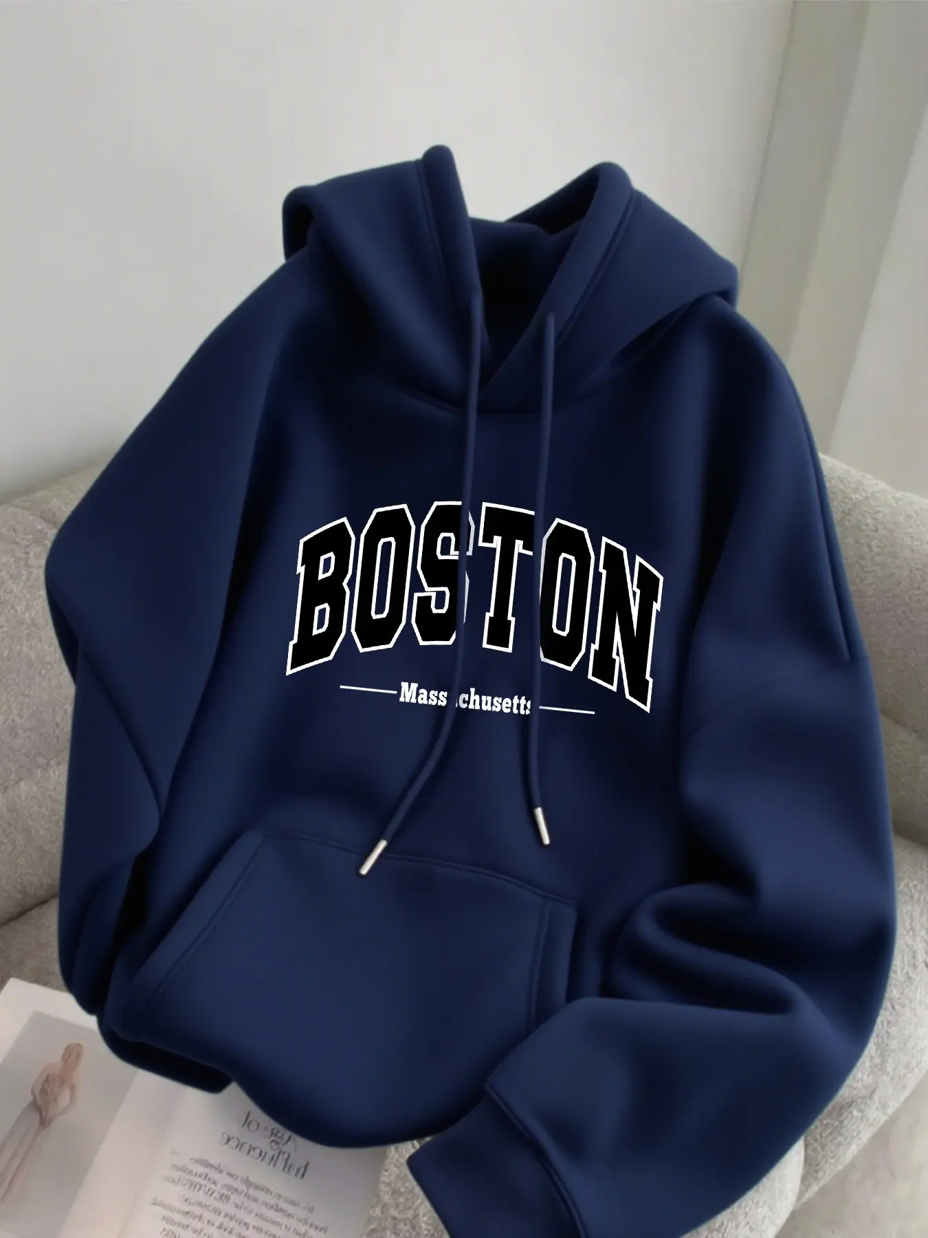 Men's Fleece Hooded Sweatshirt Boston, Fall Winter Casual Sporty Comfort, Simple Letter Design, Versatile Daily Wear, Casual Hooded Sweatshirts