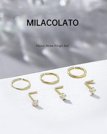 MILACOLATO 28PCS Hypoallergenic Nose Rings Hoops Studs - 316L Stainless Steel Nose Ring for Women Men - L Shaped CZ Nose Stud Hoop Nostril Piercings Jewelry Set 18G 20G 22G Silver Rose Gold Black Rainbow