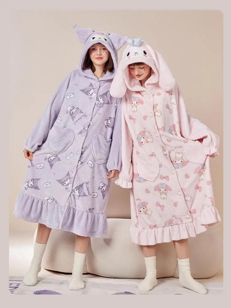 Kawaii My Melody Women Plush Pajamas Robe Set Homewear Cartoon Winter Long Style Thickened Nightgown Pants Anime Sweet Cartoon