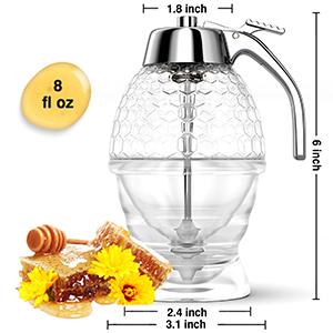Honey Dispenser No Drip Glass 8 oz with Plastic Top, Beautiful Honeycomb Shaped Honey Jar with Stand - 6" Clear Container, Honey Pot, Maple Syrup Dispenser, Perfect Bee Decoration for Home Kitchen
