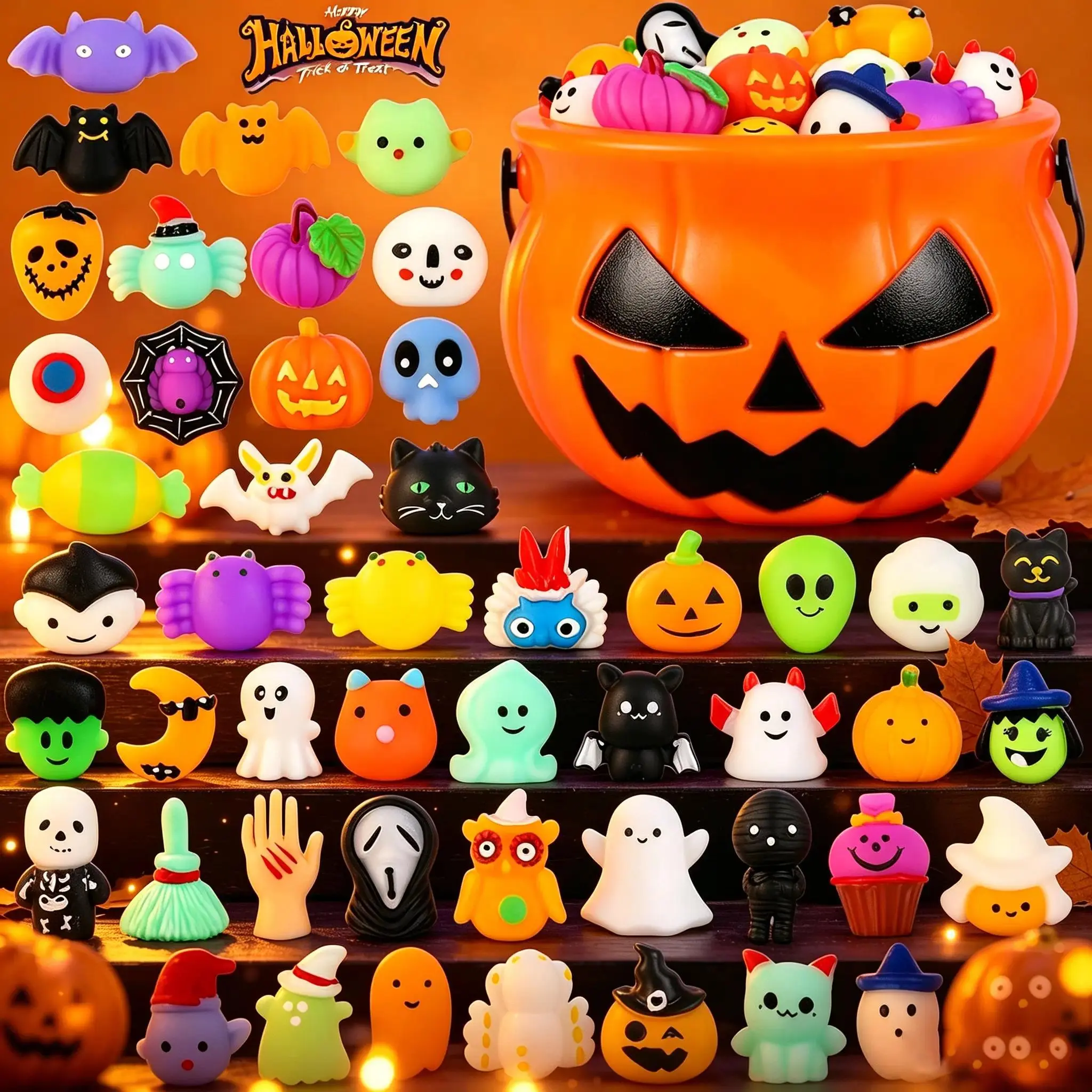50 Pcs Mochi Squishy Toys Halloween Theme, Super Soft Stretchy Squeeze Balls with Pumpkin Ghost Bat Shapes, Mini Stress Relief Fidgets & Kawaii Room Decor, Ideal Party Favors for Kids, Adults & Collectors