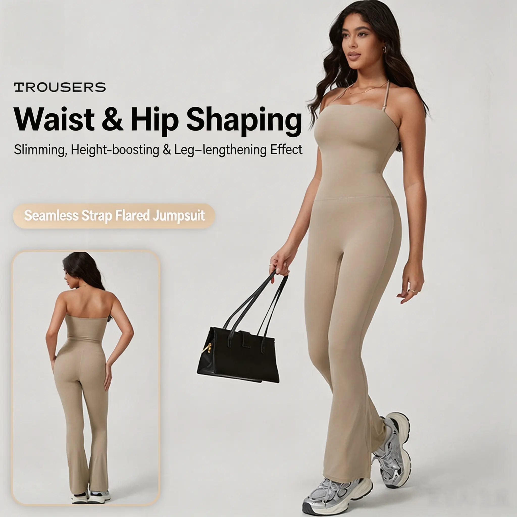 Women’s Seamless Strapless Tube Flared Yoga Jumpsuit, Contour Support Fit Stretch One Piece Bodysuit, Breathable Soft Activewear for Gym Pilates Daily Casual Outings