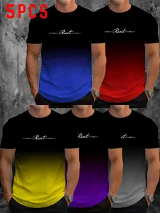 5-Pack Men's Gradient Reset Handwritten Letter Print Short Sleeve T-Shirt, Casual Slim-Fit, All Seasons, Perfect Gift