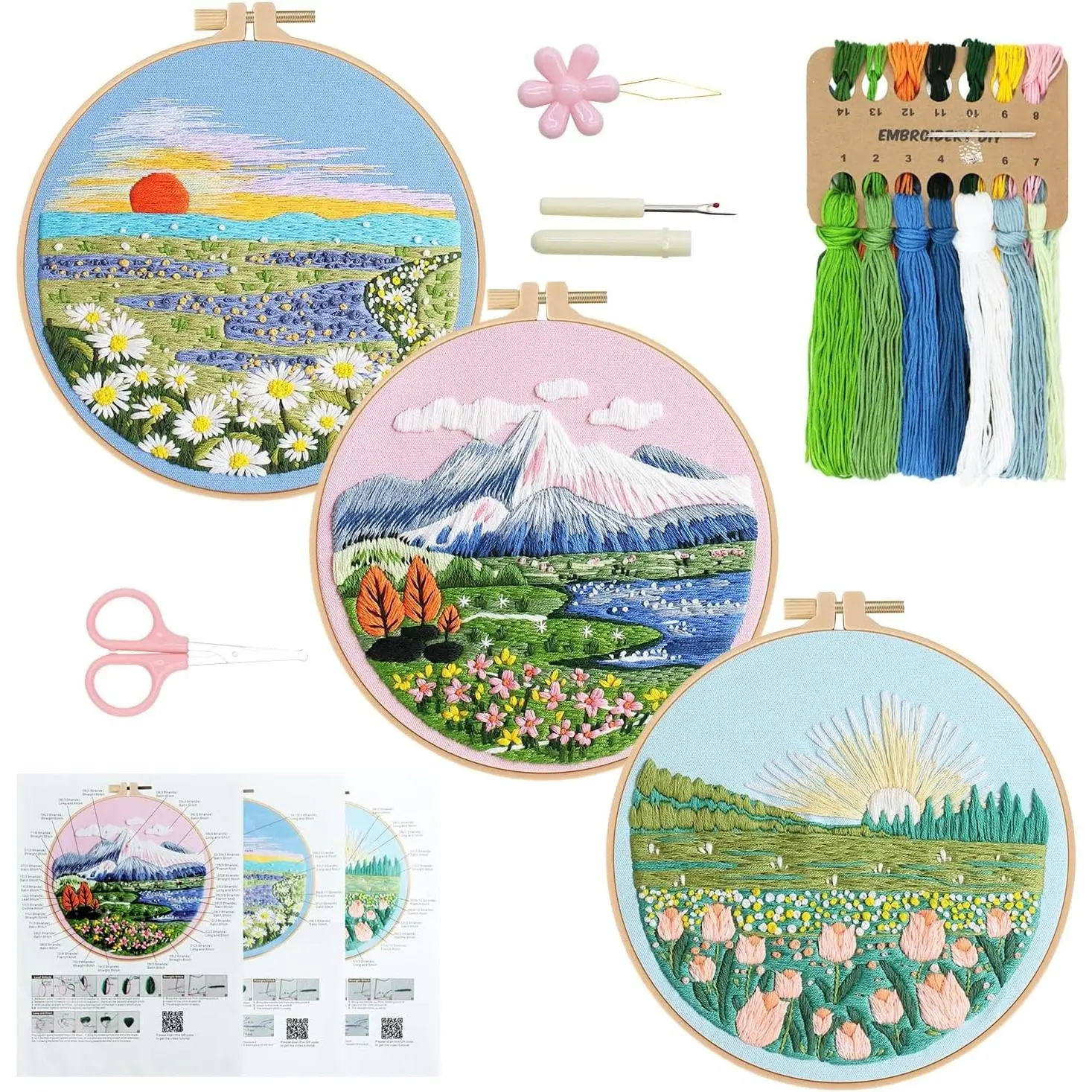 Embroidery Kit for Beginners, 3 Pack Floral Stamped Patterns - DIY Hand Embroidery Starter Set for Adults with Step-by-Step Video Tutorial, Includes Hoop, Needles and FlossGift