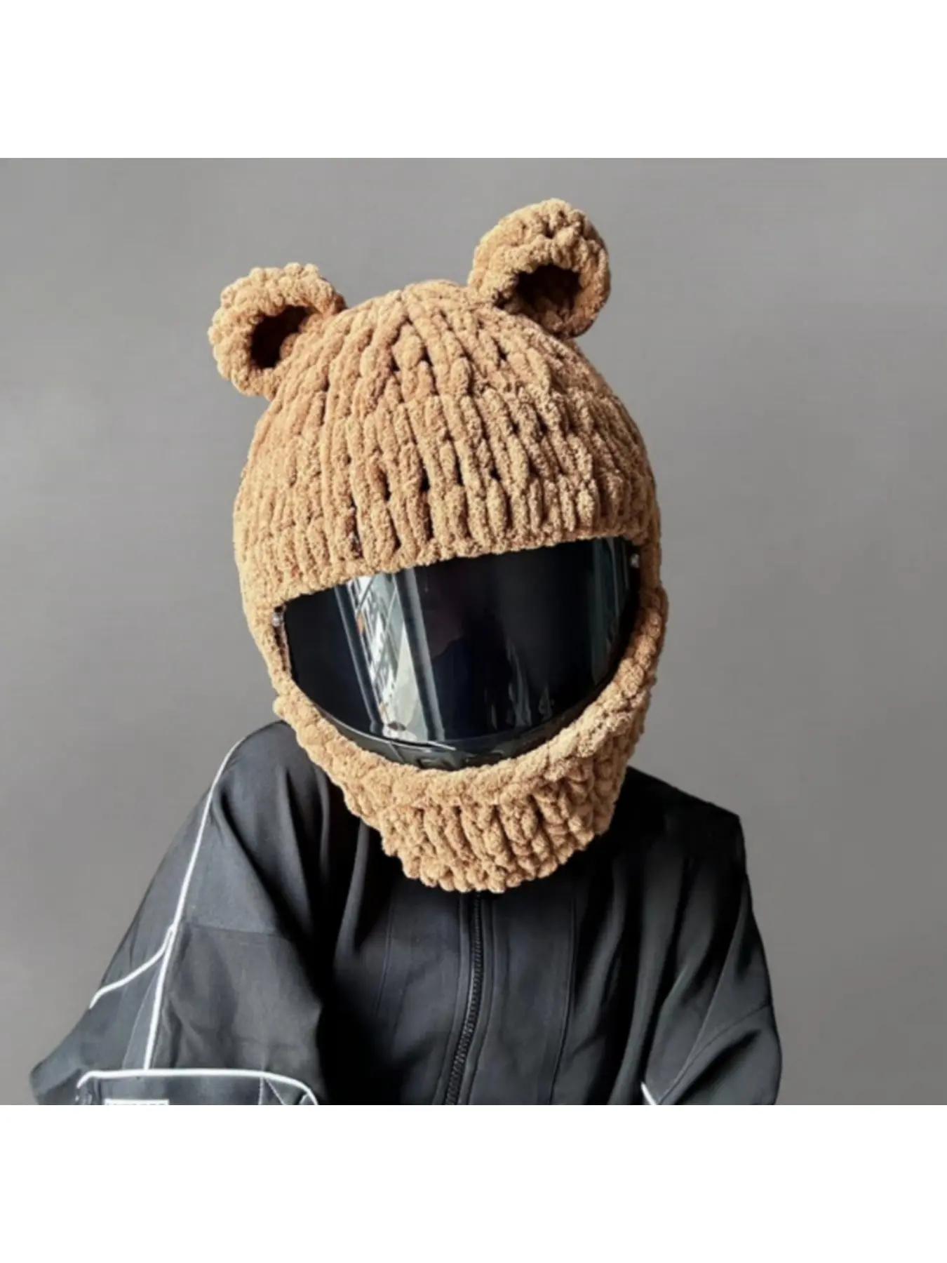 Cute Round-Ear Bear Ski Hat Riding Balaclava Thick Knitted Helmet Cover Trendy Cool Personality Couple Full Helmet Cover