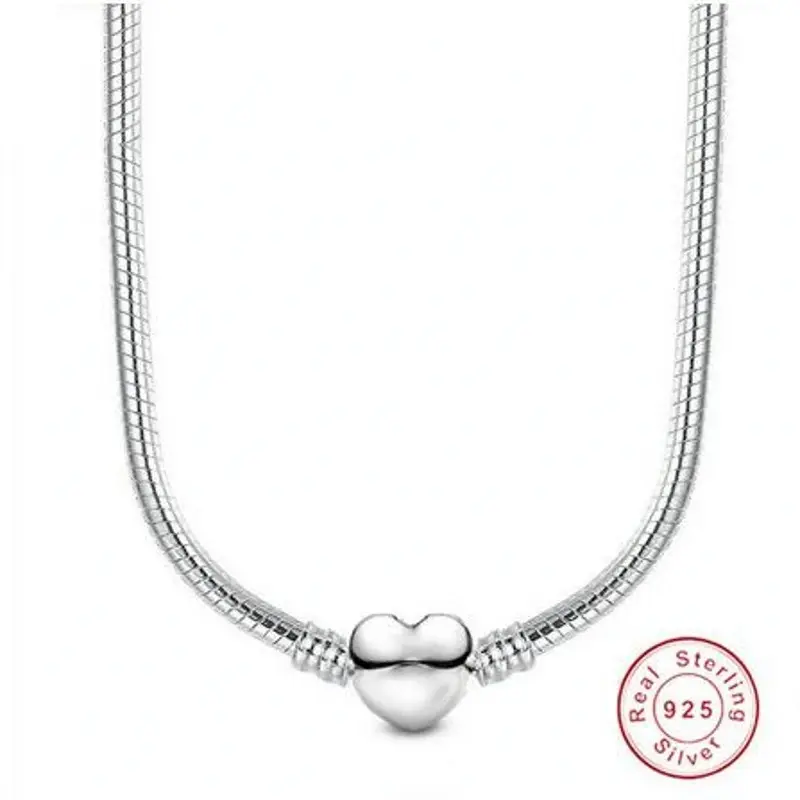 Women's 925 Sterling Silver Heart Choker Necklace, Snake Chain with Secure Ball Clasp, Beads Charms for Wedding DIY Jewelry Stress Relief Toy Accessory