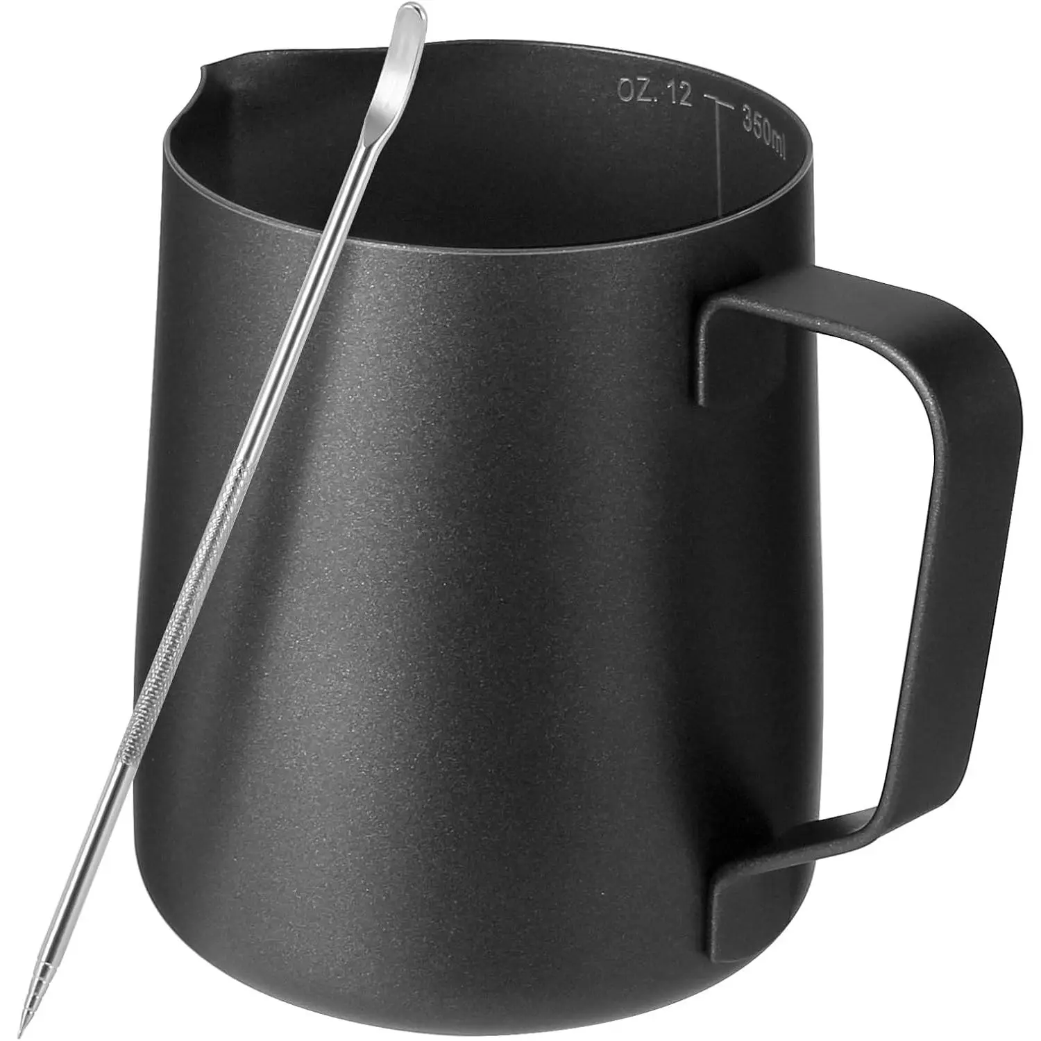 Milk Frothing Pitcher,Milk Steaming Frother Cup,Barista Cappuccino Latte Art Milk Jug with Decorating Pen,Stainless Steel Espresso Coffee Bar Accessories Tools (Black, 12oz)