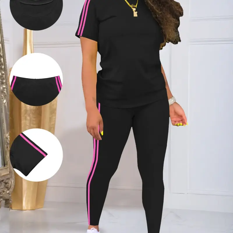 Women's Tee & Pants Set, Casual Basic Minimalist Fitted Round Neck Short Sleeve T-Shirt & Trousers, Ladies Two-Piece Outfits for All Seasons, Womenswear Clothes