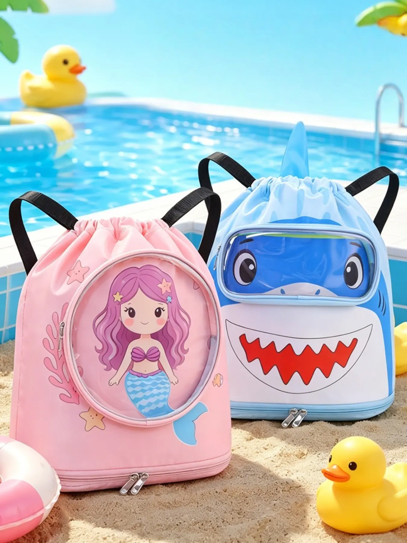 Mermaid Pattern Pull String Swim Backpack, Wide Opening Design, Independent Shoe Bag, Large Capacity Beach Bag for Pool, Water Park, Beach Trip