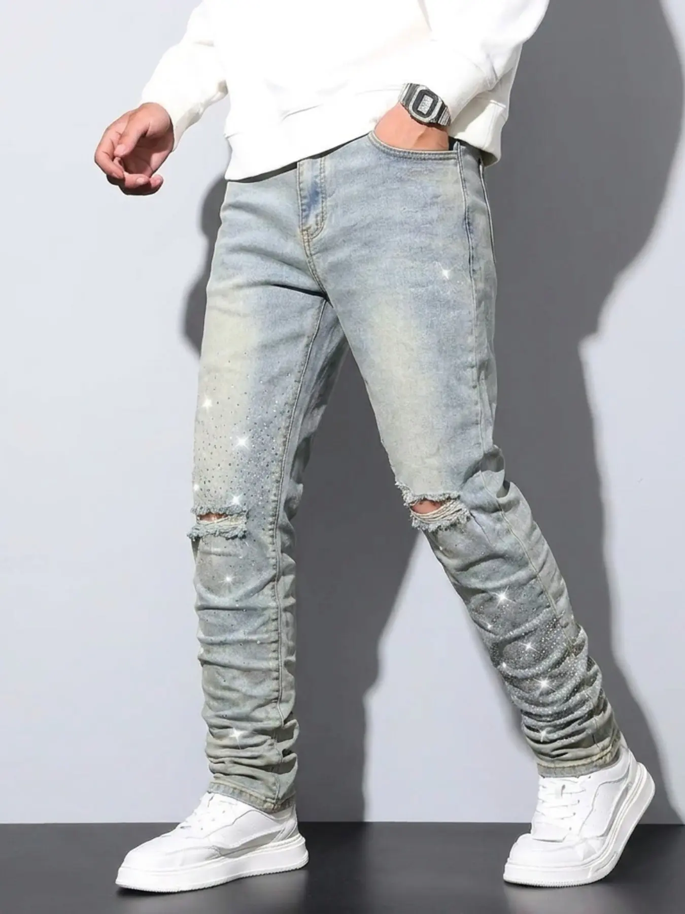 American Style Mud Gradient Washed Knee Hole Jeans, Full Rhinestone Pleated Slim Fit Skinny Pants, Unisex High Street Elastic Tight Long Pants