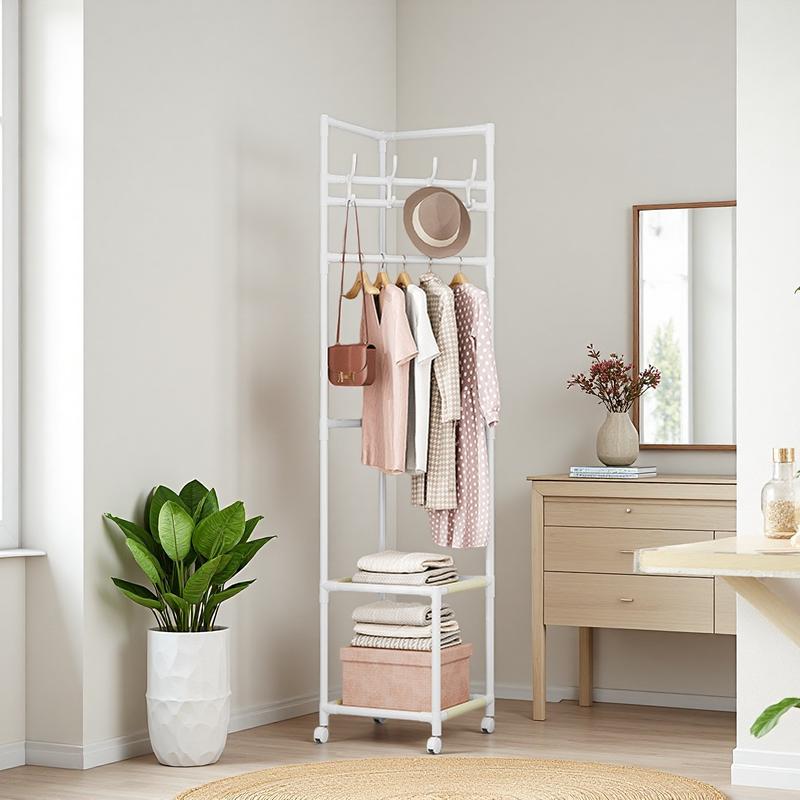 Black 2-Tier Freestanding Metal Coat Rack with 360 °   Swivel Wheels, Space-Saving Organizer with 4 Hooks & Storage Shelves for Bedroom/Entryway