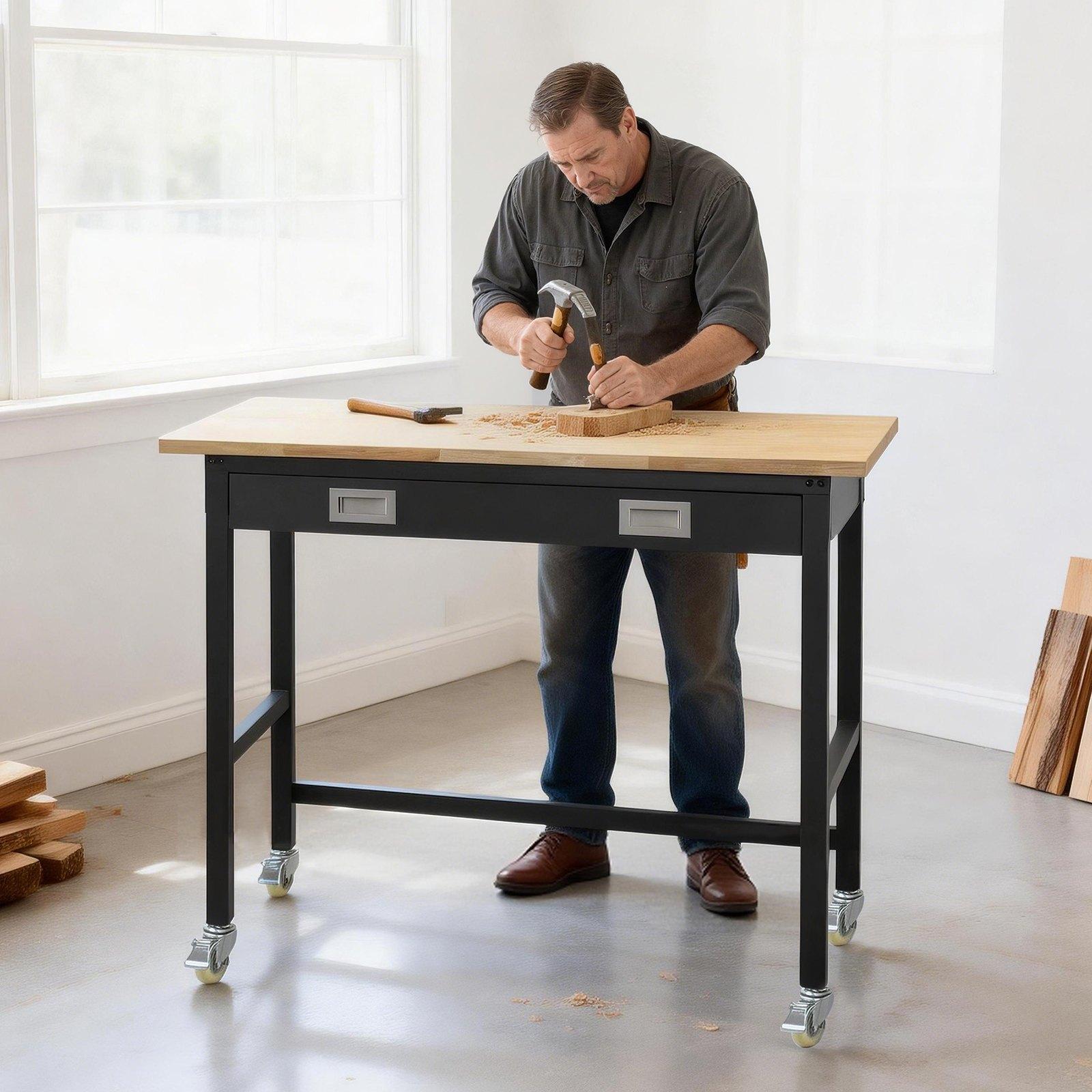 VEVOR 48-inch Workbench, 1500 lbs Load Capacity, Garage Workbench with Drawer Storage & Wheels, Workshop Bench on Wheels, Heavy Duty Oak Wood Top Work Table for Garage, Workshop, Office, and Home VEVOR 48-inch Workbench, 1500 lbs Load Capacity, Garage Workbench with Drawer Storage & Wheels, Workshop Bench on Wheels, Heavy Duty Oak Wood Top Work Table for Garage, Workshop, Office, and Home