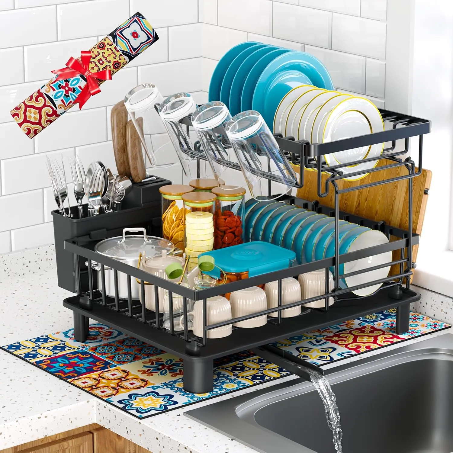 2 Tier Large Detachable Dish Drying Rack for Counter,Black| Compact Drying Rack, Rust-Resistant Dish Drainer Organizer,-Saving Dish Racks with Drainboard, Utensil Holder