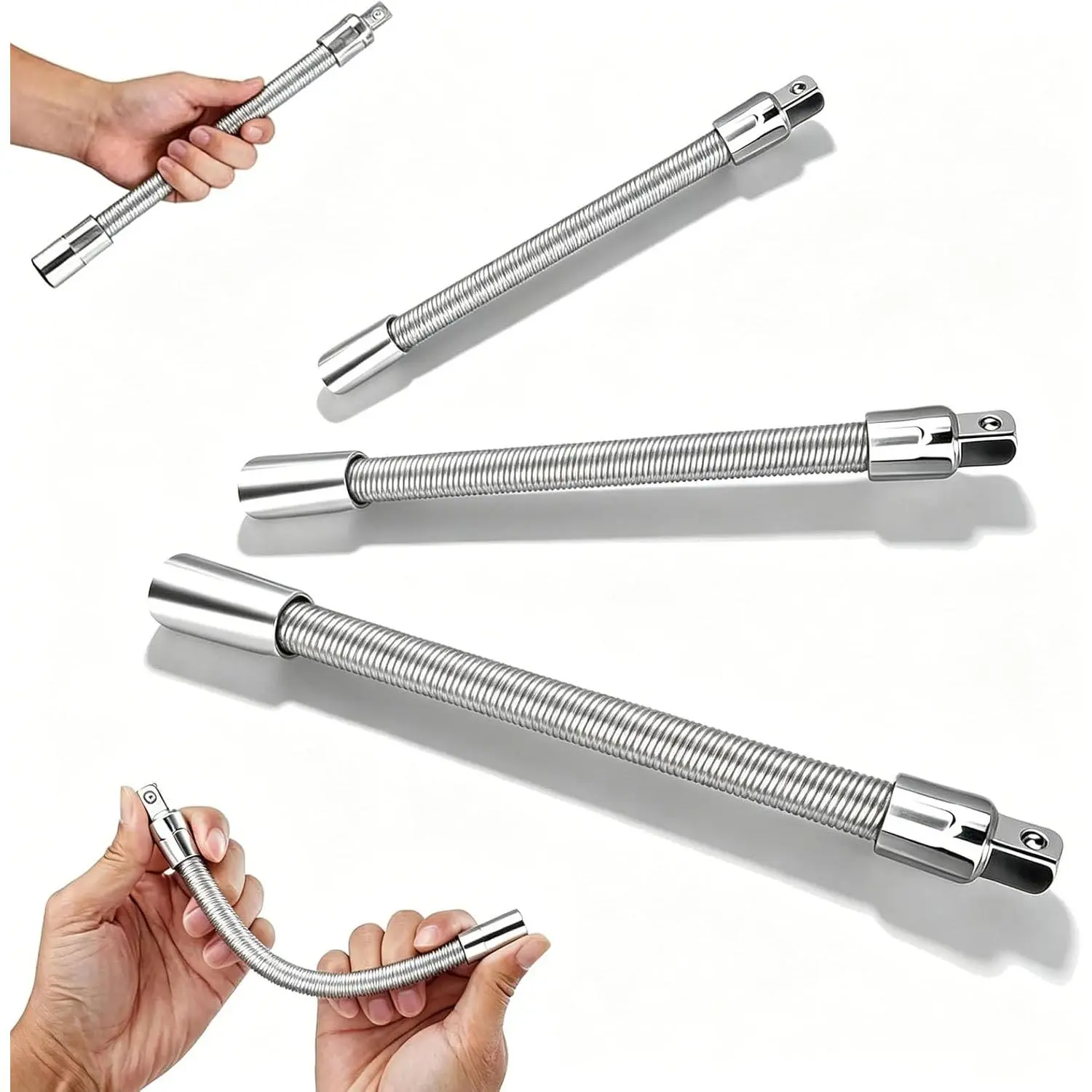 1/4", 3/8", 1/2" 3-Piece Extension Set – Reach Ratchet Wrench Connecting Rod, Electric Wrench Extension Bar, Hand Drive Tool for Tight​ (white)