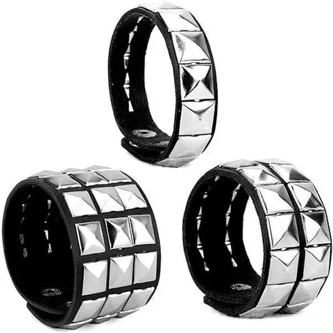 3-Pack Rivet Leather Studded Cuff Bangles Bracelets - Punk Style Double Layered Adjustable Slider Jewelry, Halloween Festive Party Accessory, Easy Anniversary Gift for Men (Festive & Party Supplies)