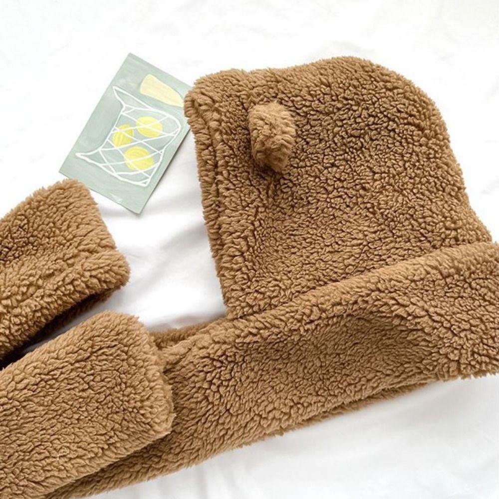 Unique 3 in 1 Bear Ear Plush Beanie Thickened Ear Protection Plush Scarf Hat Gloves Earmuffs Warm Fleece Scarves Hat Autumn