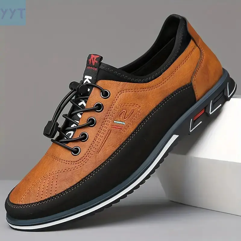 YYT1 Men's Casual Leather Footwear, Autumn Trendy Korean Minimalist Round Toe Trainers - Adjustable Lace-Up, Breathable Low-Top, Soft-Soled, Brown/Black Versatile Shoes for 20-60 Years Old (Multiple Occasions),shoes for back to school,back to school shoes