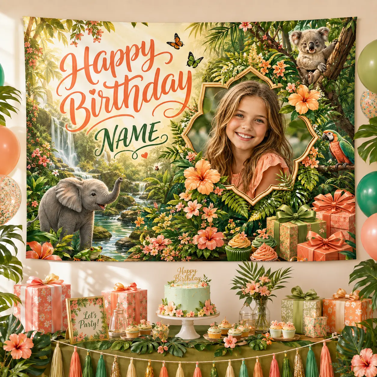 Floral Garden Birthday Backdrop Personalized Photo Banner Girl Party Decoration