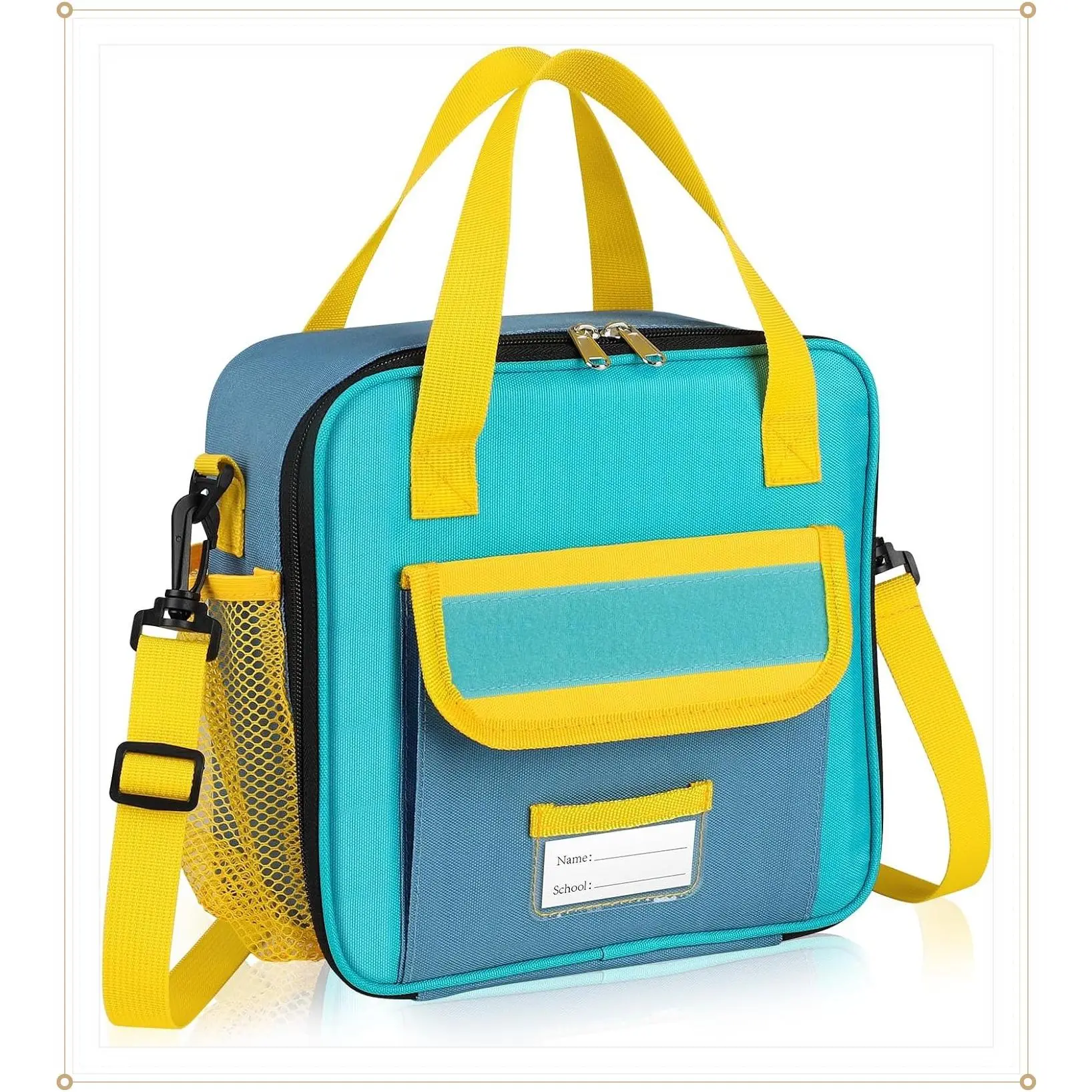 Large Insulated Lunch Bag for Kids Boys Girls - Tactical Cooler Lunchbox, Square Toddler Lunch Tote with Water Bottle Holder & Adjustable Strap, Blue for School DaycareGift