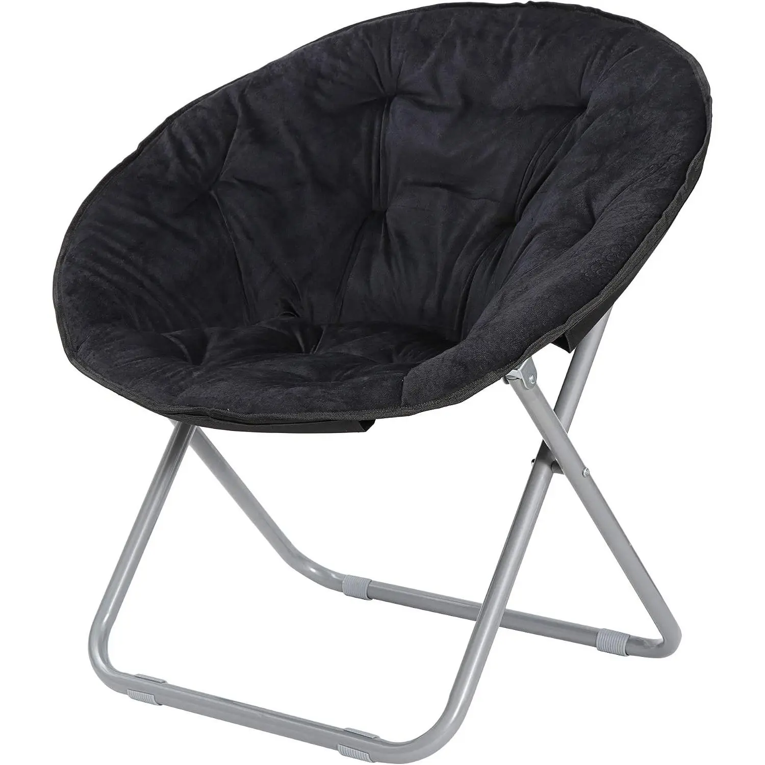 Faux Fur Folding Moon Chair with Metal Frame, Saucer Chair for Adults, Portable Chair for Bedroom, Dorm Rooms, Apartments, Lounging, Garden and Courtyard, Black