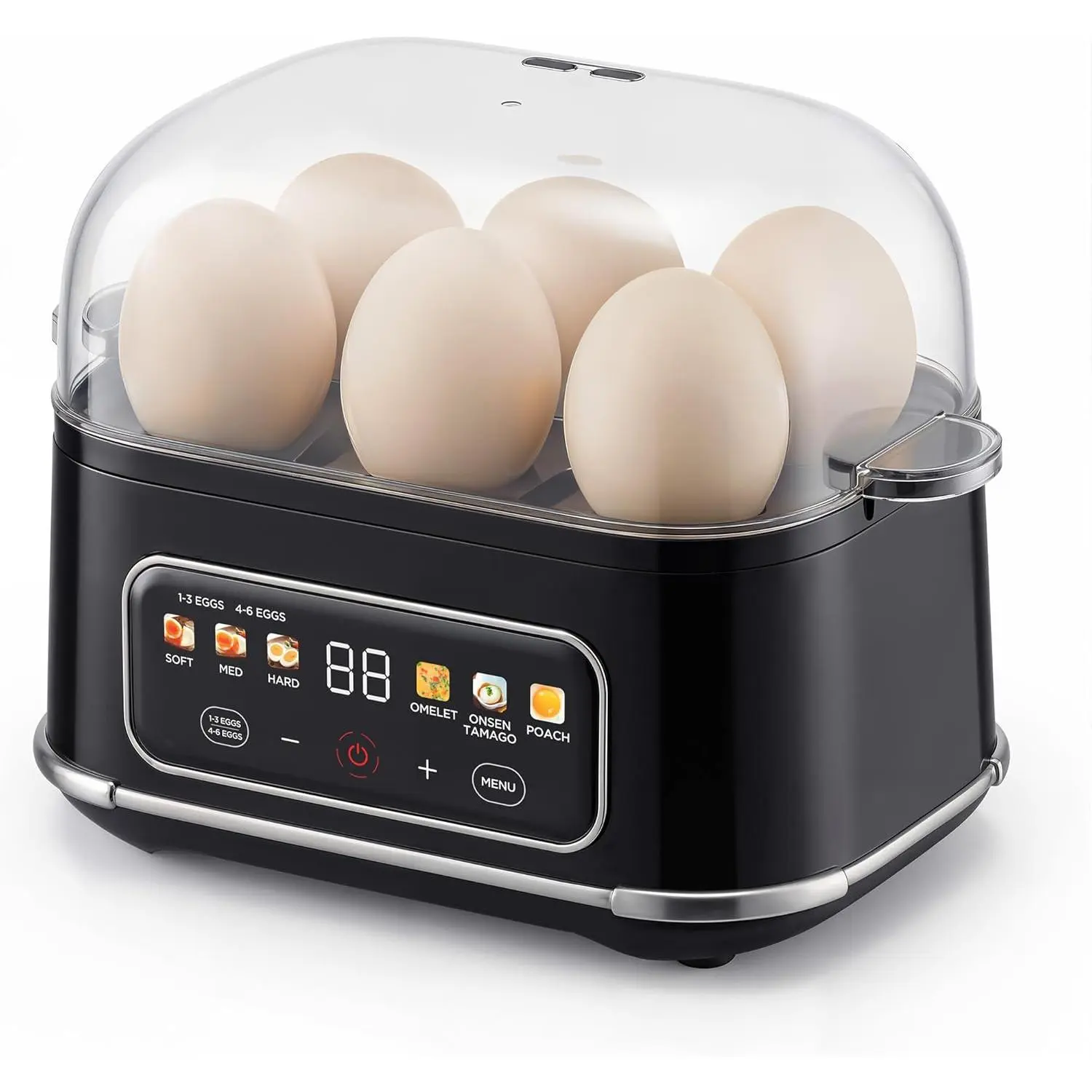 Digital Egg Cooker, 6 Egg Capacity, Soft/Medium/Hard Boiled, Onsen Tamago, Poach & Omelet, One-Touch Menu, Audible Alert On/Off, Auto Shut-Off, Black