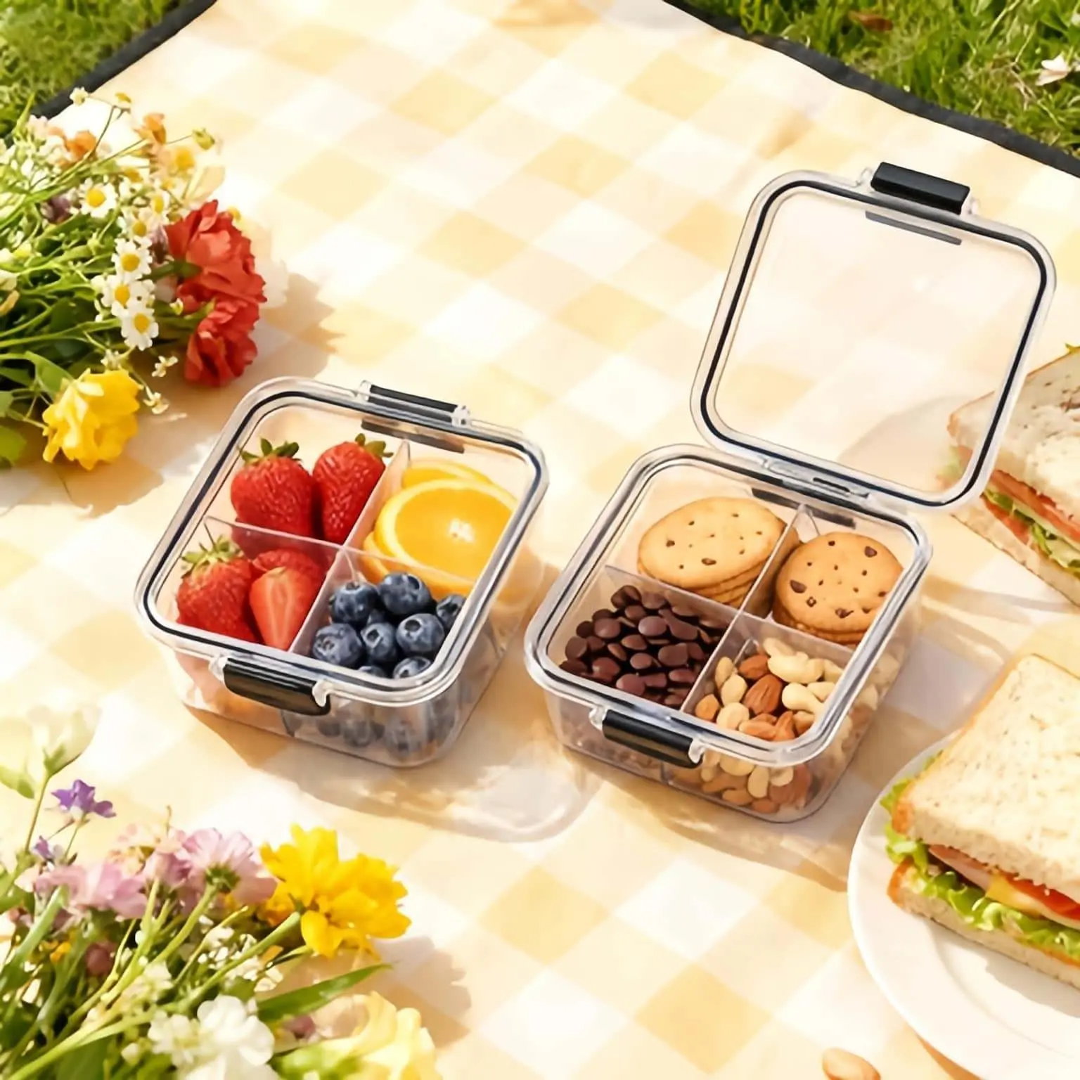 2‑Pack Square Plastic Food Storage Containers with Lids, 4‑Compartment Airtight Storage Jars, Round‑Corner Stackable Kitchen Organizer Box, Clear Leak‑Proof Container for Fruit,Grains,Snacks,Spices & Dry Food,Sturdy Base,Meal Prep & Household Cooking
