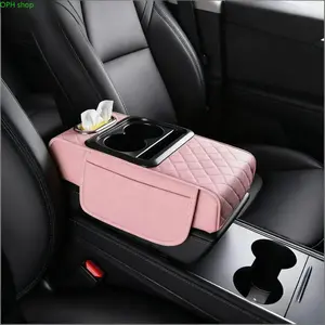 4-in-1 Pink Memory Foam Leather Car Armrest Cushion, Center Console Cover With Tissue Cup, Phone Holder & Storage Organizer
