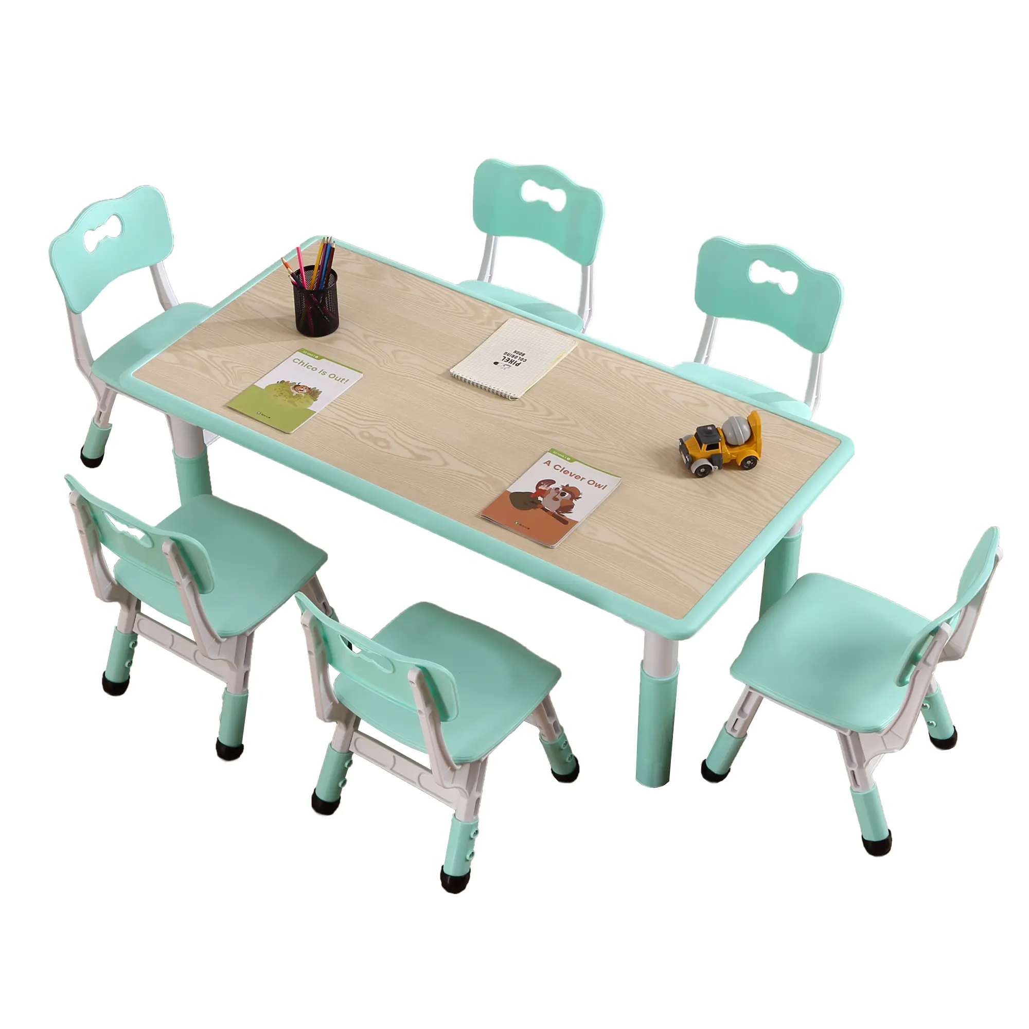 7-Piece Kids Table and Chair Set, Height Adjustable Children's Activity Play Desk with 6 Ergonomic Chairs, Scribble Friendly Wipe-Clean Toddler Study Table for Playroom, Daycare, School, Lake Blue