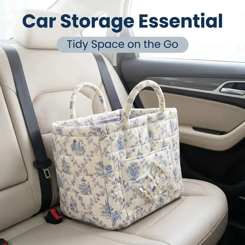 Floral Pattern Quilted Woven Collapsible Multi-Function Storage Bag - Large Capacity, Suitable for Car, Travel Clothes, Toys, Blanket, Trunk and Backseat Storage, Machine Washable, Solve Room Clutter Problem, Summery, Country Style, Baby Shower Gift