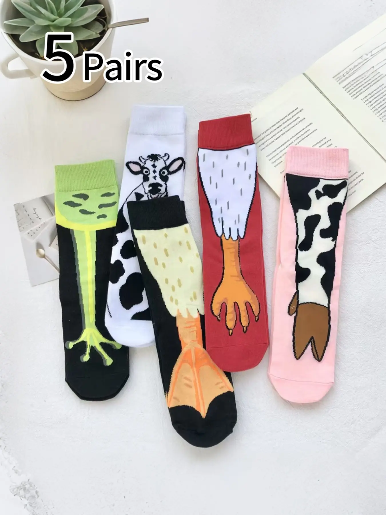 5 Pairs Women's Cartoon Ankle Socks, Cute Chicken Claw Design, Japanese Style Mid-Calf, Comfortable and Breathable, Daily Wear