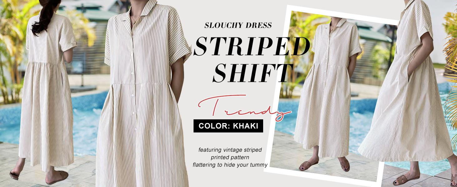 Women's Summer Short-Sleeve Striped Shirt Dress Button Down Midi-Length Straight-Fit Pure Cotton Dress