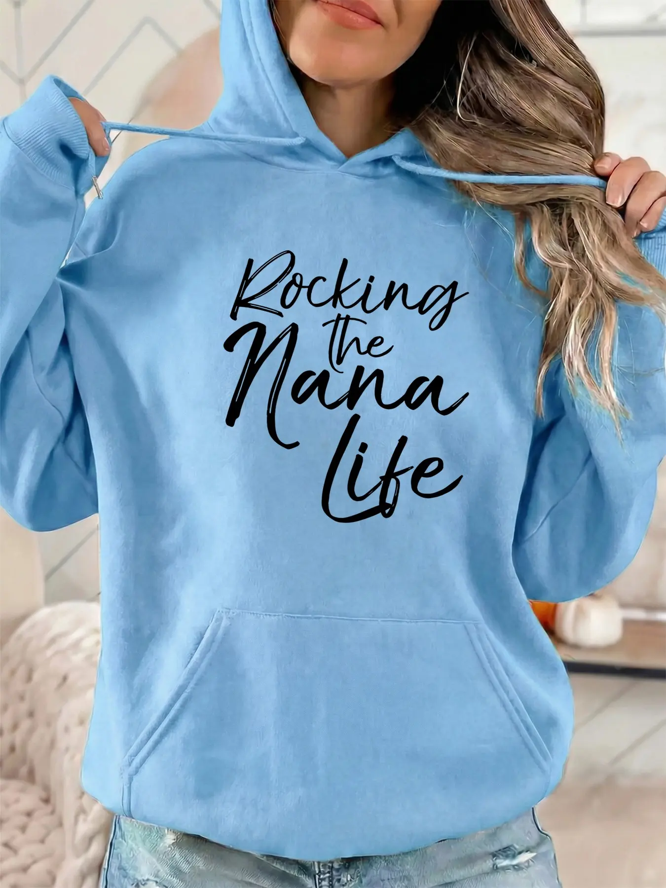 Women's Fashion Hooded Sweatshirt, Rocking the Nana Lite Letter Print, Drawstring Kangaroo Pocket, Fall Winter Casual Sports Top