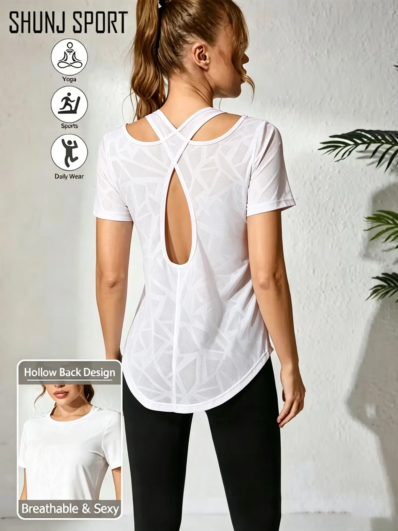 Women's Hollow Out Back Short Sleeve Yoga Tank Top, Loose Fit Breathable Sports Shirt, Comfortable Workout Wear, Ideal for Gym and Fitness