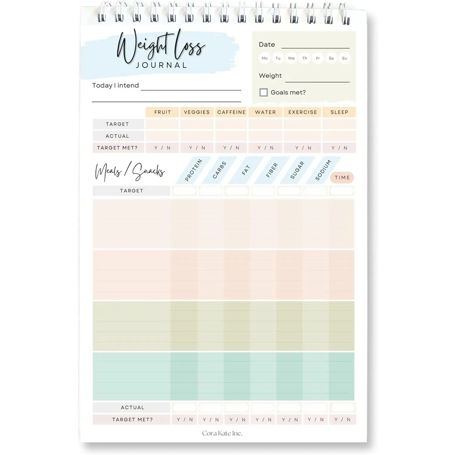Journal - Calorie , Spiral Bound - 5.5 x 8.5 in | 50 Double-Sided Pages, Plastic  Cover,  & Macro Log, Meal & Workout Planning, Sleep & Water