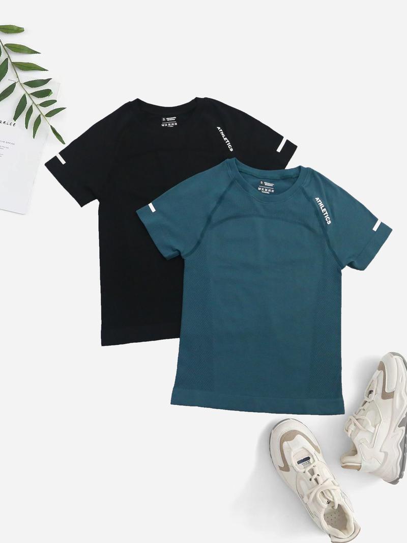 Women's 2pcs Letter Print Raglan Sleeve Sports Tee, Round Neck Short Sleeve T-Shirt for Yoga Gym Workout Running, Ladies Sportswear for All Seasons, Athletic Yoga Shirts