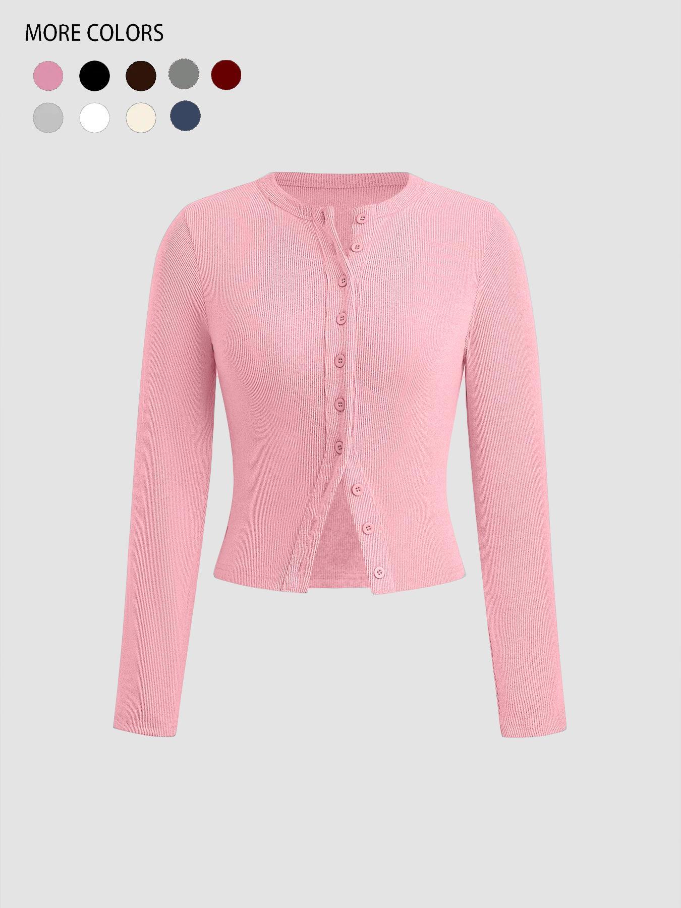 Women's Plain Basic Button Front Ribbed Tee, Casual Long Sleeve Round Neck T-Shirt for Spring & Fall, Women's Top for Daily Wear