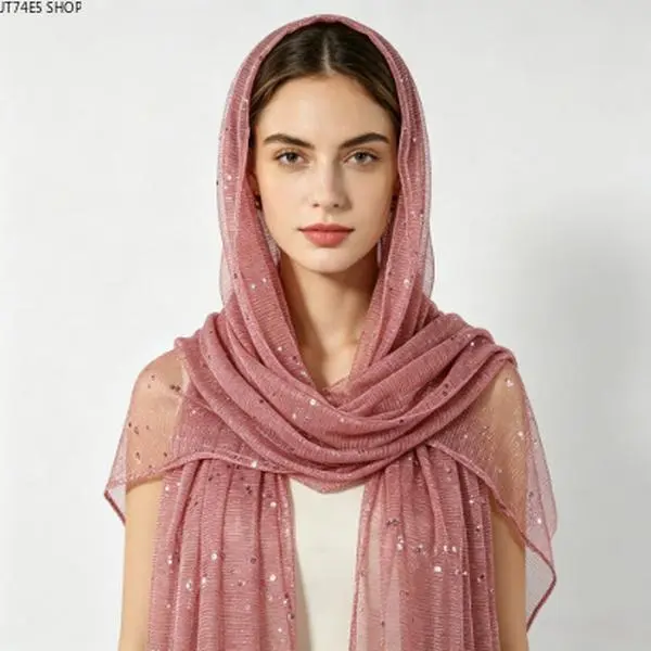 Fashion Sequin Gold Silver Thread Thin Scarf for Women, Solid Color Breathable Long Shawl Headscarf for Spring & Autumn
