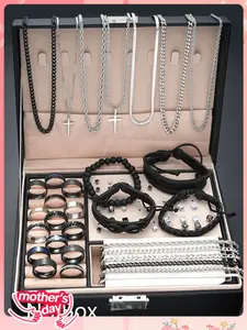 Men's Fashion Jewelry Set, Casual Trendy Cross  Charm Necklace  & Braided Bracelet & Earrings & Rings & Chain Bracelet, Hip Hop Fashion Jewelry Set for Party & Daily Decor